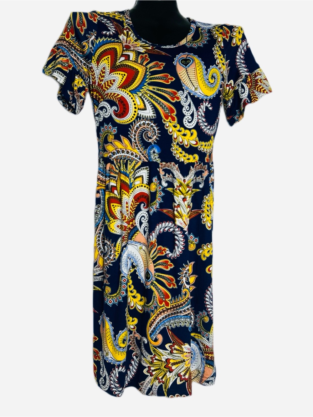 Navy Paisley Print Short Sleeve Midi Dress